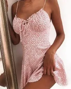 2023 Kvinder Sommer Spaghetti Strap Blomstertryk Tie Front Mini Kjole Y2K Sexet Kjole Patry Beach Style Ny All-Match Blomsternederdel — image 8