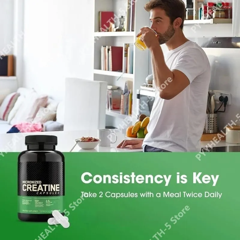 Creatine Monohydrate Supplement 60 Capsules Muscle Strength Fitness Pre-Workout Post-Workout Muscle Recovery Non-GMO Gluten-Free