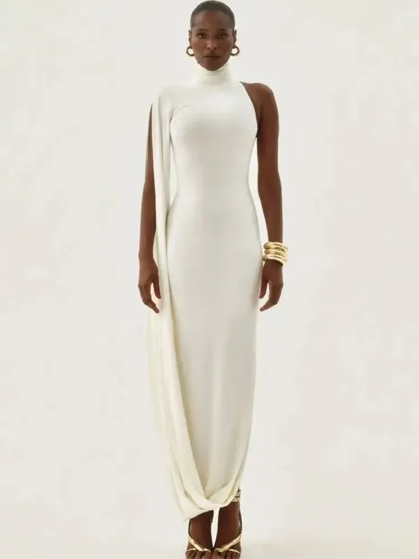 Blifanbo Split Turtleneck Sexy Maxi Dress Women Gown One-shoulder High Waist Bodycon Solid Fashion Club Party Long Dress Elegant