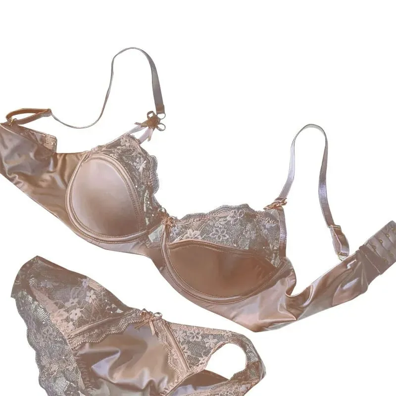 French Premium Satin Half Cup Lace Underwear Women's Thin Sexy Gathering Top Support Glossy Bra Set Big Breasts Small 32-38 Set — image 1