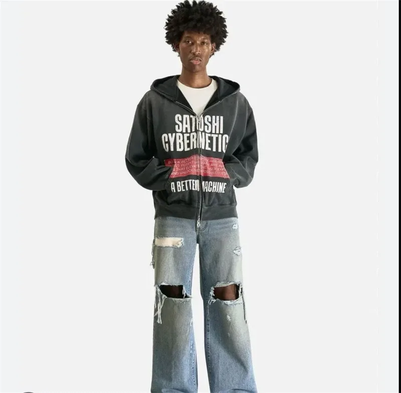 New SN Letter Printed Washed Retro Splashed Ink Zipper Hoodie Street Casual Cotton Loose Versatile Sports Oversize Trendy Top