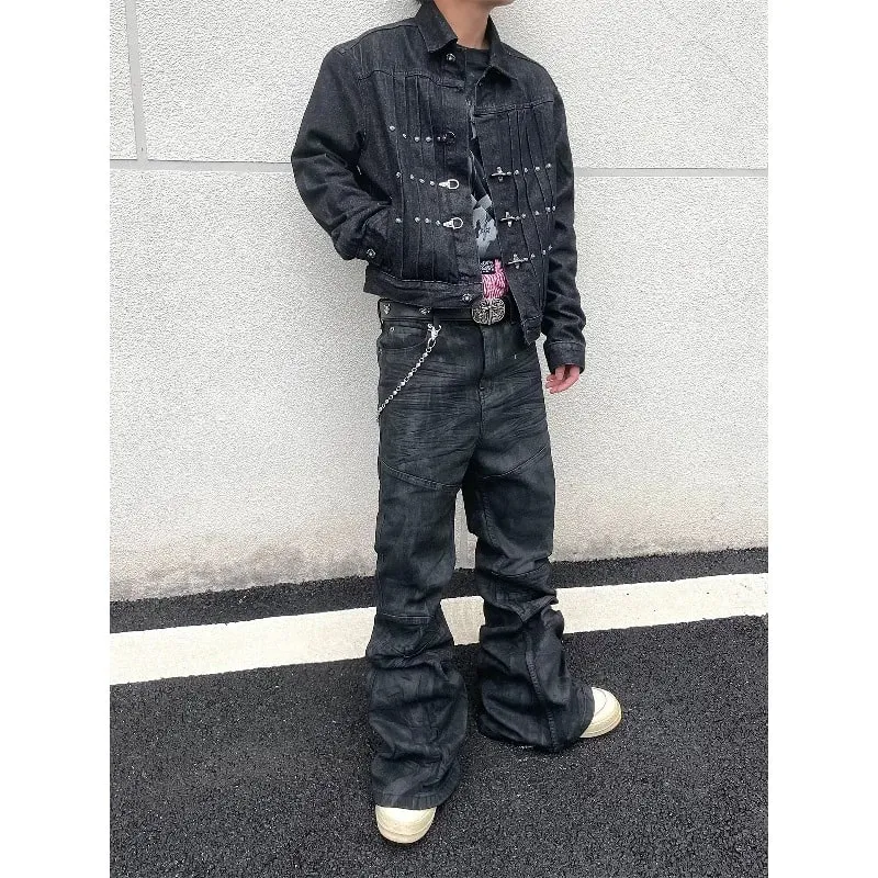 Denim Pant Men Stacked Jeans Vintage Pants Spliced Full Length Mid Waist Washed Straight Trousers Y2k High Street Casual Spring — image 4