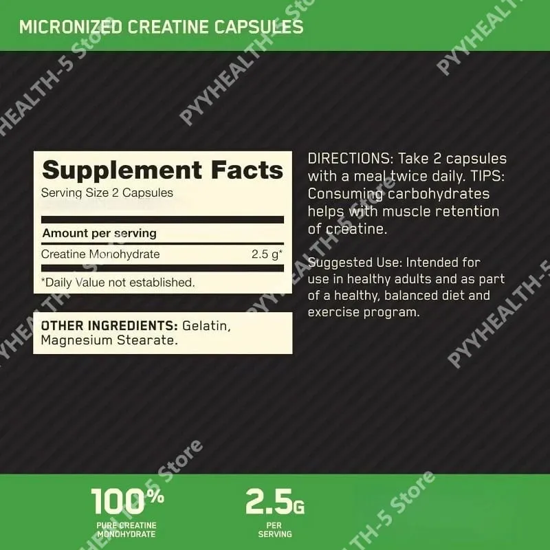 Creatine Monohydrate Supplement 60 Capsules Muscle Strength Fitness Pre-Workout Post-Workout Muscle Recovery Non-GMO Gluten-Free