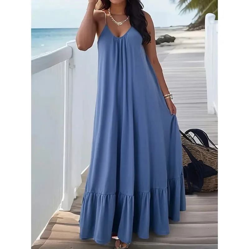 Summer Dresses 2026 New Solid Color Spaghetti Strap Maxi Dress Women V Neck For Beach Party Resort Daily Matching Outfit — image 2