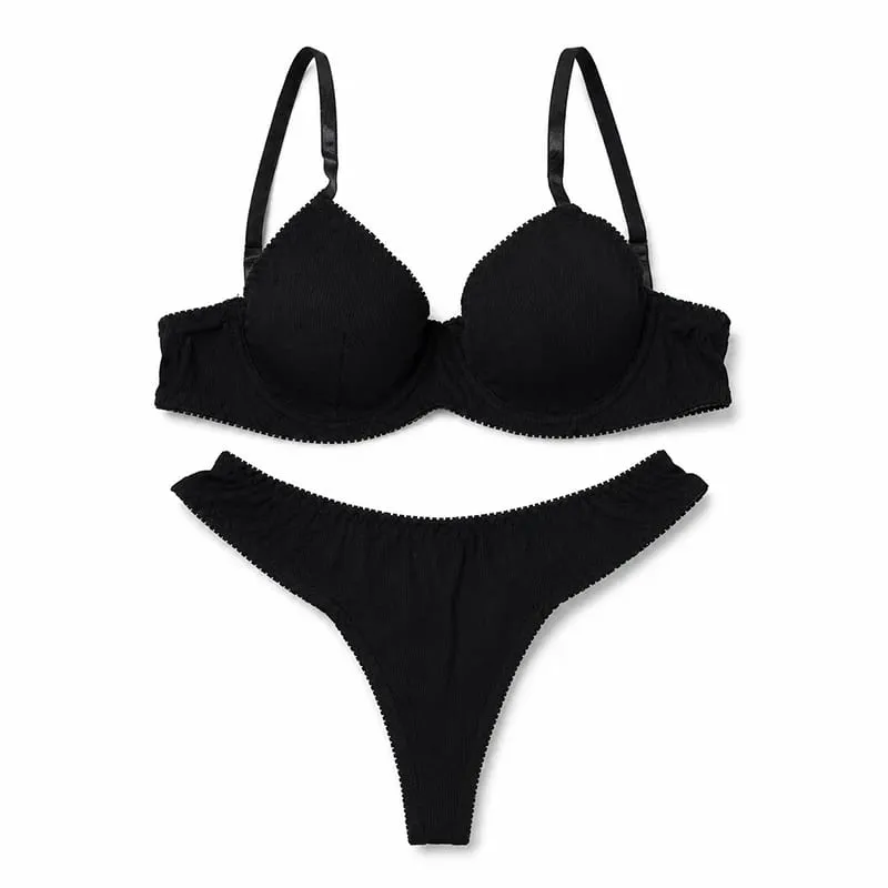 Women Solid Ribbed Lingerie Set Underwire Thin Cup Bra Matching Low Rise Thong Soft Daily Intimates