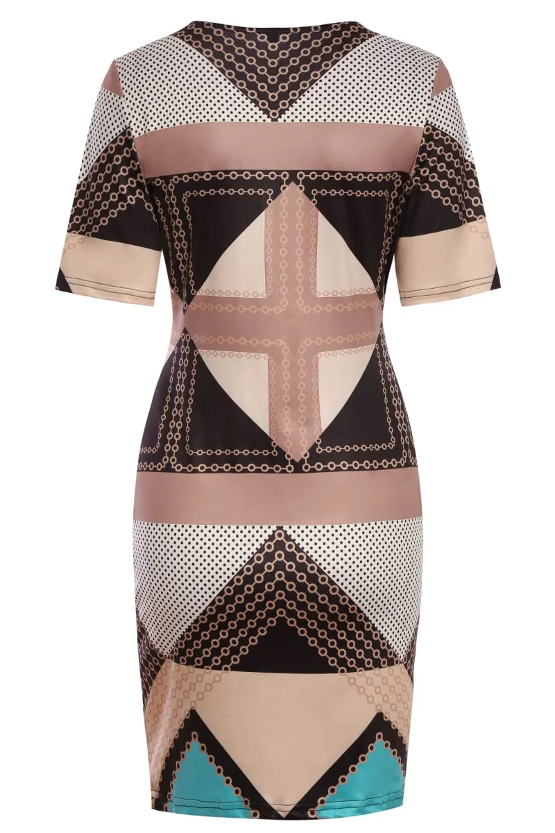 Womens Short Sleeve Geometry Print Crew Neck Work Mini Business Slim Casual Party Pencil Bodycon Sheath Dress — image 3