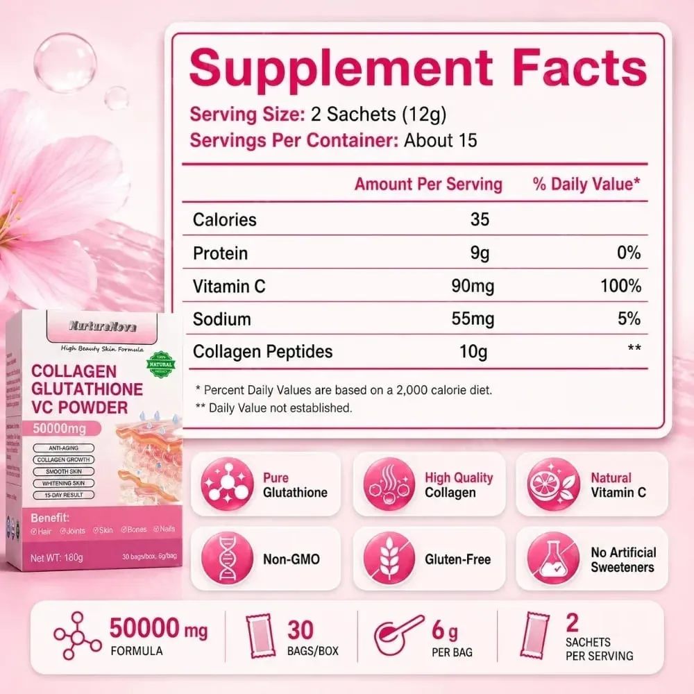 Collagen Peptides Glutathione Vitamin C Powder 30 Sachets Marine Collagen Drink Mix for Beauty Wellness Support Adults 180g — image 3
