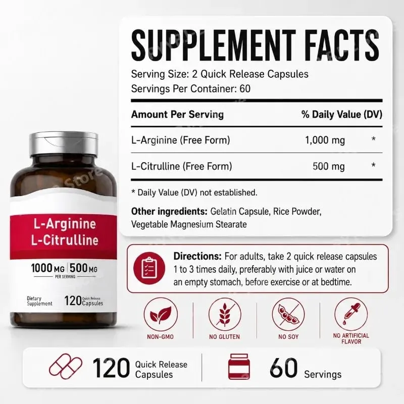 Amino Acid Supplement Capsules 120 Count Provide Energy & Healthy Living Support with 1000mg L-Arginine and 500mg L-Citrulline