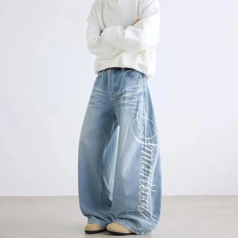 Autumn Men's Letter Printed Straight-Leg Baggy Jeans Hip Hop Fashion Washed Denim Pantalones American Retro Y2K Streetwear Jean — image 2