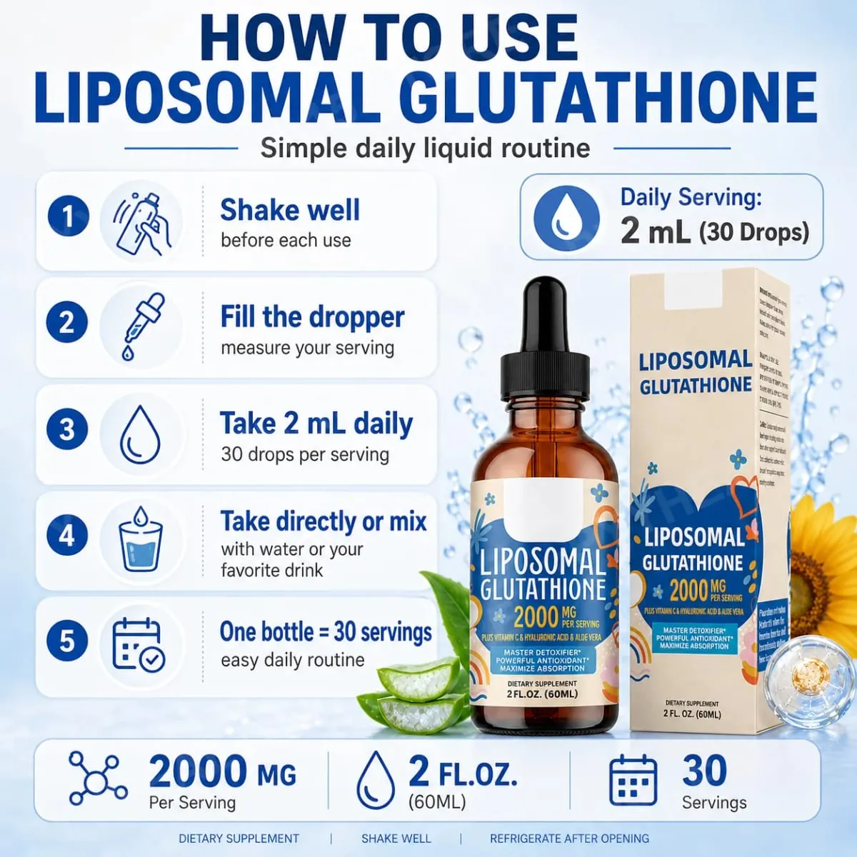 Cecair Liposomal Glutathione Turun 1500mg dengan Vitamin C Asid Hyaluronik & Aloe Vera untuk Sokongan Cahaya Kecantikan dan Penghidratan — image 5
