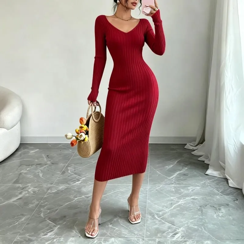 Women Solid Color V‑Neck Ribbed Knit Maxi Sweater Dress Elastic Long Sleeve Bodycon Dress Ladies Casual Party Fashion Dresses — image 5