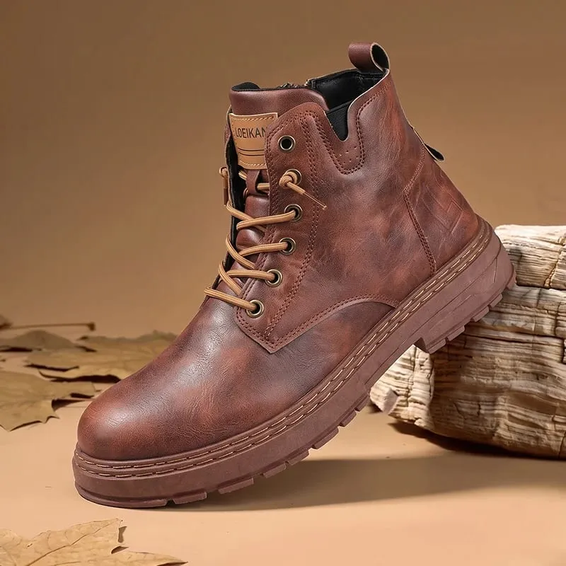 Men High‑top Casual Boots Faux Leather Lace‑up Thick Non‑slip Block Sole Stitched Detail For Urban Street Daily Outing — image 2