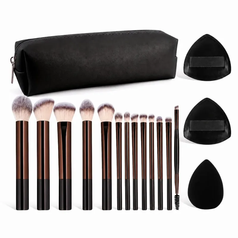17PCS Professional Makeup Kit Including 13 Aluminum Brushes Carry Bag & 3 Sponge Puffs Powder Eyeshadow Blush and Detail Too