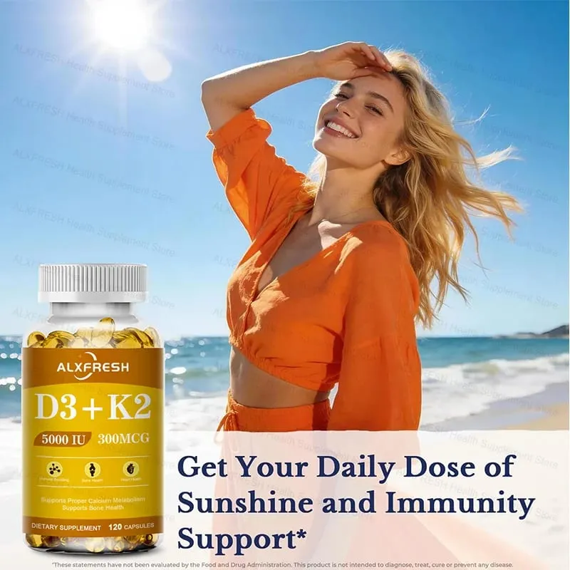 D3K2 Vitamin Capsules 5000 IU 300 mcg for Calcium Absorption Bone Teeth Immune & Heart Health Non-GMO — image 3