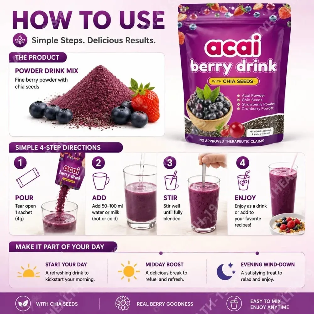 Acai Berry Drikkepulver med Chiafrø Jordbær Tranebær Til Antioxidant Daglig Wellness & Immunsystem Support Voksen 40g