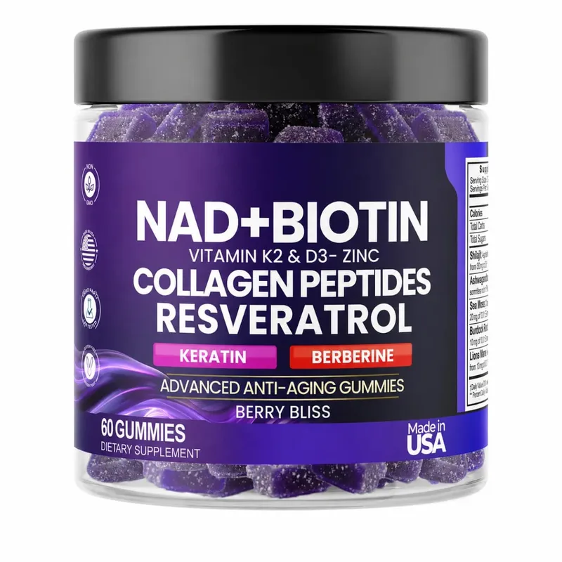 Biotin Collagen Gummies with NAD+ Resveratrol Vitamin D3 K2 Zinc Daily Beauty Wellness Supplement 60 Count Berry Flavor