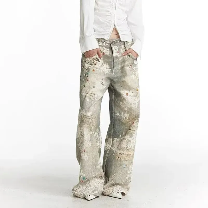 Mens Jeans Vintage Digital Print Distressed Denim Pants Harajuku Unisex Straight Leg Loose Fit Casual Streetwear Fashion Trend