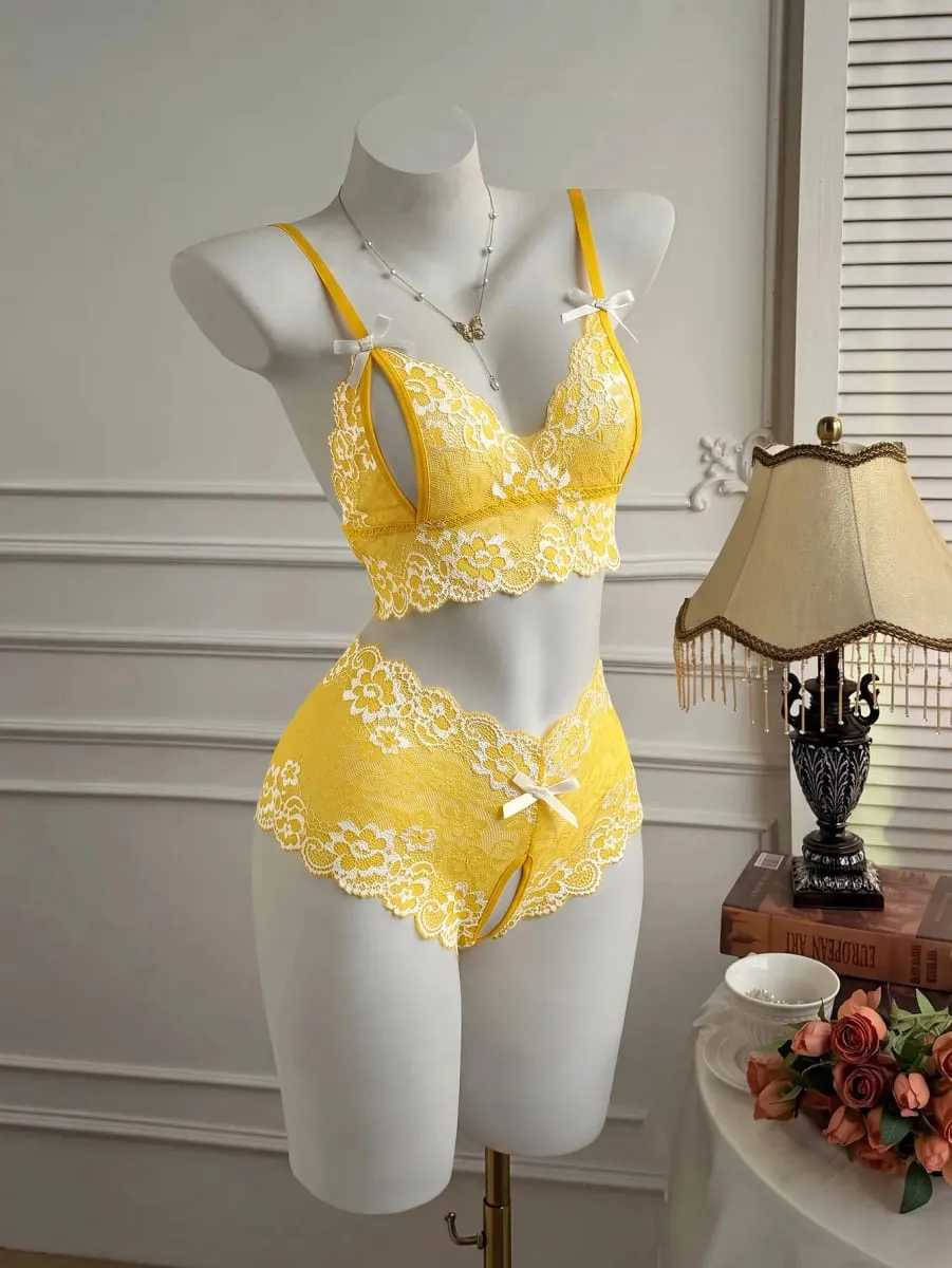 Sexy Lingerie Set Women Lace Bra Panty See Through Floral Embroidery Bralette Transparent Erotic Underwear Bow Intimates