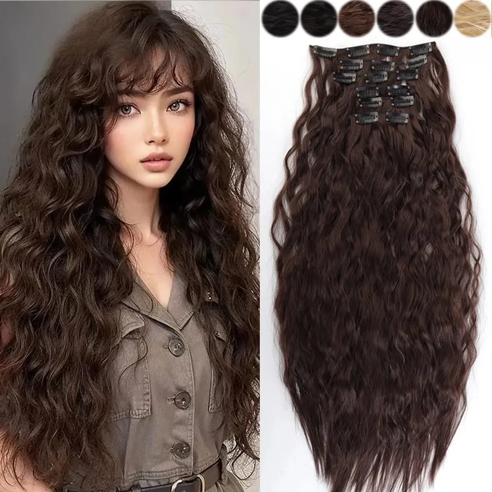Synthetic Long Wavy Clip In Hair Extensions Hairpiece 6pcs/set For Women Brown Blonde Black Daily Party Halloween And Christmas — image 2