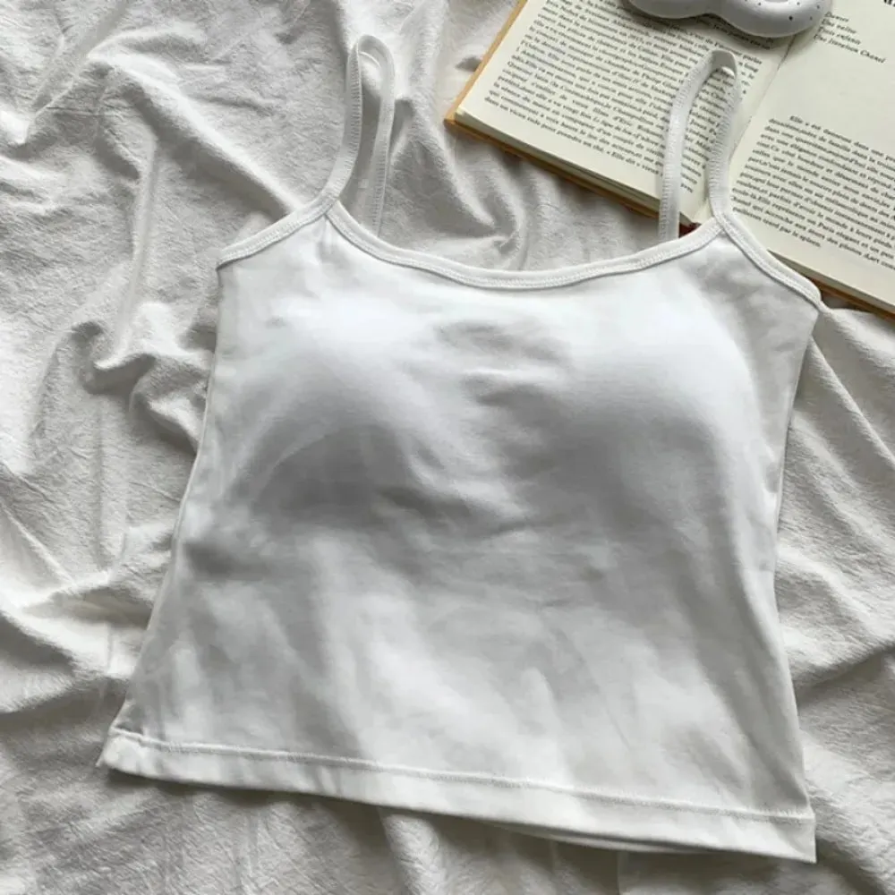 1PC Korean Women's Solid Color Spaghetti Straps Sleeveless Slim Camisole With Chest Pad