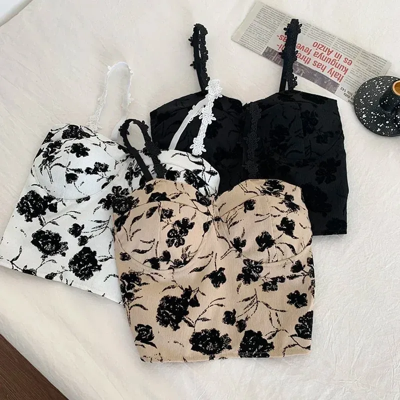 Women Sweet Elastic Camis Underwear Padded Bra Spaghetti Cute Crop Tops Print Tank Tops For Women Summer — image 7