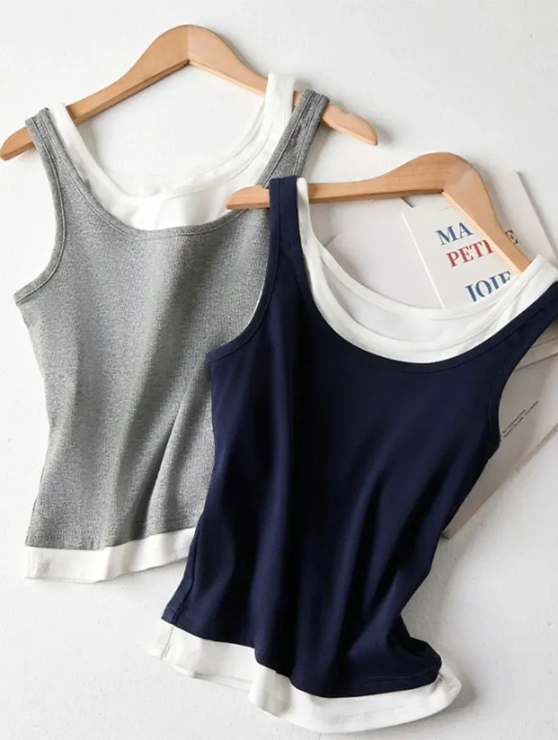 Y2K Fake Two Pieces Tank Tops for Women Fashion Contrast Color Round Collar Sleeveless Vest 2026 Summer New Slim Short Camis — image 9