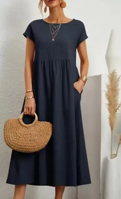 Premium Elegant Solid Cotton Linen Dress Summer Midi with Pockets Loose Fit Casual Crew Neck Short Sleeve for Beach Travel — image 8