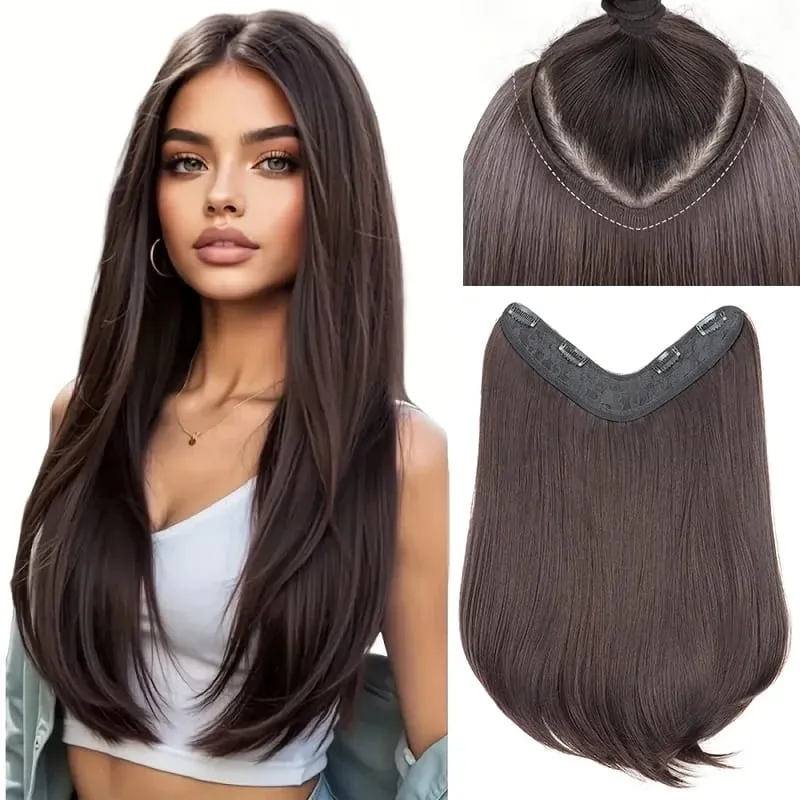 18Inch Synthetic Elegant V-Shape Internal Buckle Clip-In Hair Extensions Invisible Soft Hairpiece for Women Daily Use