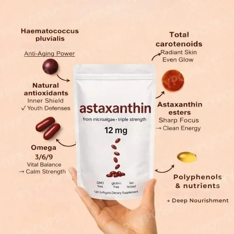 Astaxanthin 12mg with Fresh Microalgae Source Daily Nutritional Support Antioxidant Supplement 120 Softgels