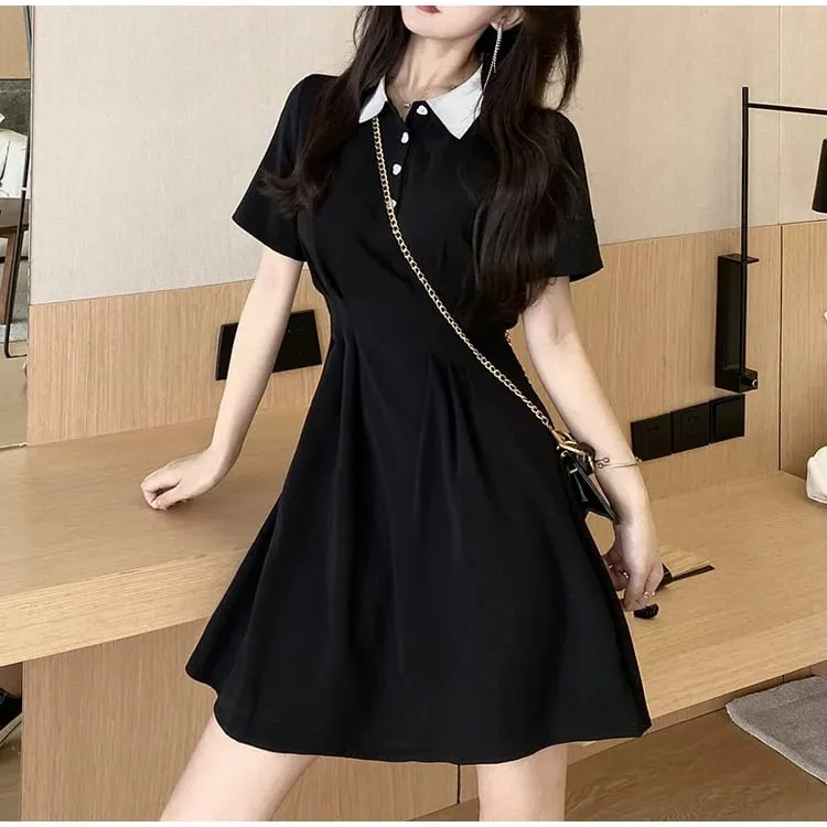 Women's Contrast Collar Polo Dress Summer Short Sleeve Button Front A Line Casual Mini Dress — image 1