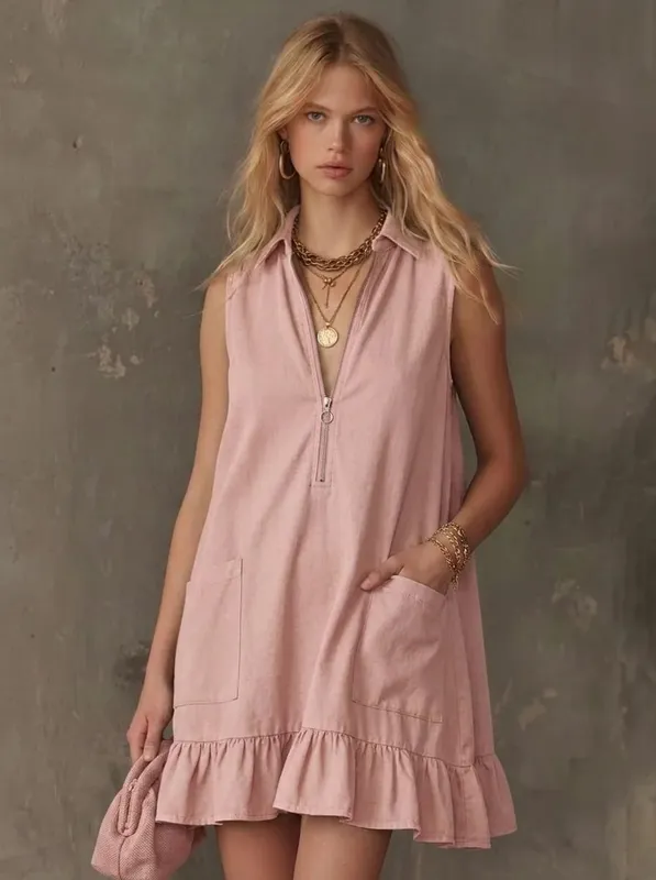 Women Sleeveless Zip V Neck Mini Dress Collared Ruffle Hem A Line Loose Dress with Pockets Summer Casual Dresses — image 5