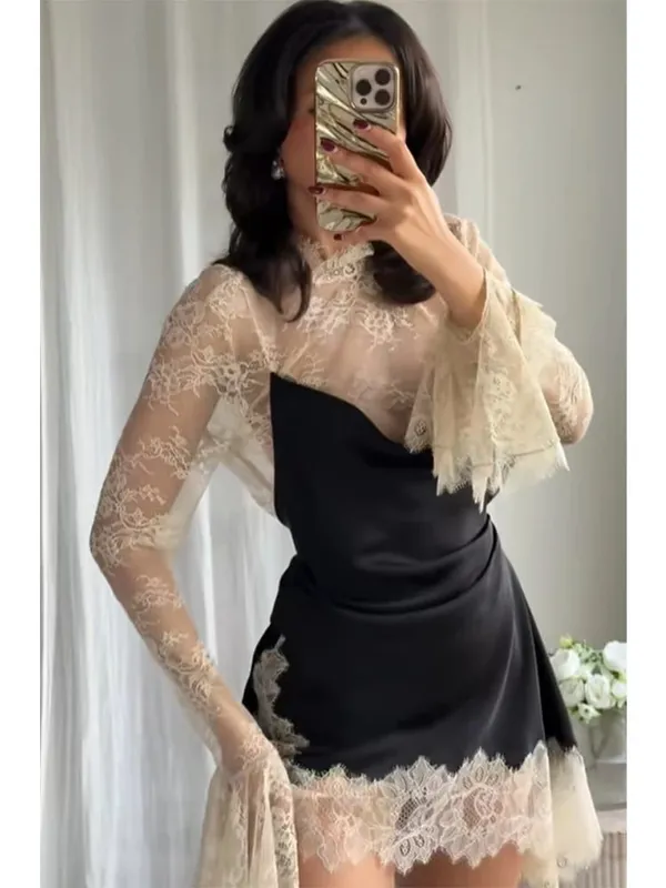 Elegant Sexy Lace Patchwork Mini Dress Women Full Flared Sleeve Waist Cinching See Through Short Dresses Lady Club Party Gowns