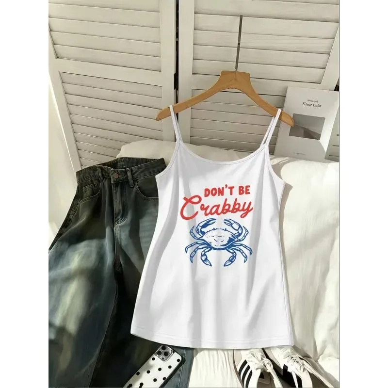 Women Summer Spaghetti Strap Cami Tank Top Beach Flip‑flop Seashell Print Sleeveless Camisole Casual Holiday Y2K Daily Wear Tops