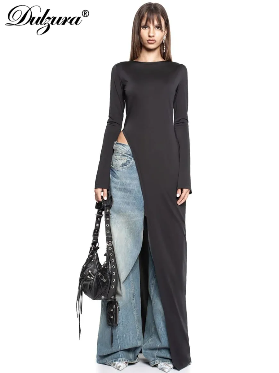 Dulzura Maxikleid mit langen Ärmeln und seitlichem hohem Schlitz, einfarbig, sexy, langes Kleid für Damen, Party, Club, Streetwear, Herbst-Winter-Outfit