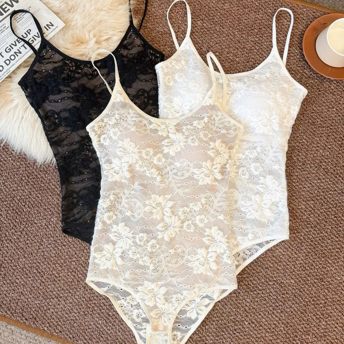 Sexy See Through Lace With Lining Elastic Spaghetti Strap Bodysuit Woman Sling Tight Short Jumpsuit Slim Fit Rompers Playsuits — image 2
