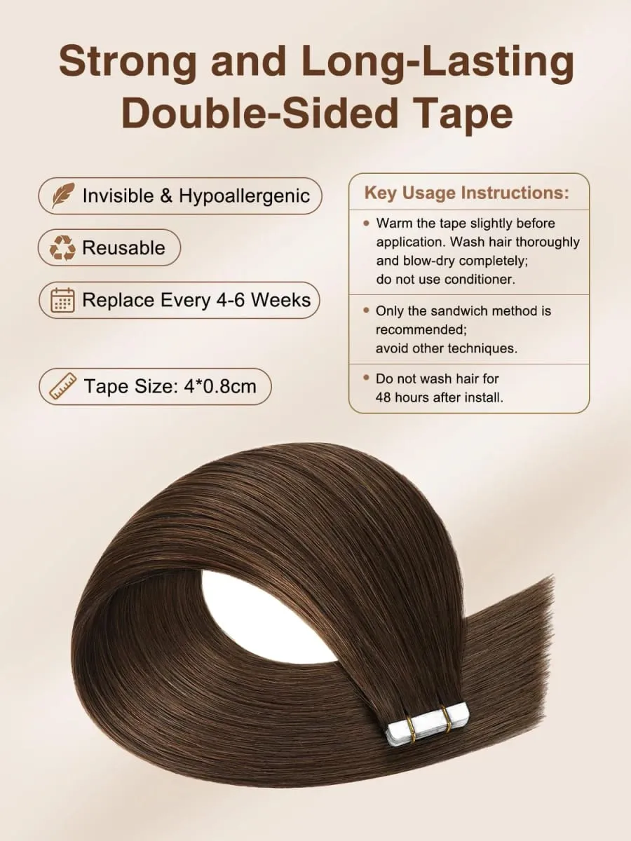 Invisible Tape In Hair Extensions 100% Human Hair #4 Chocolate Brown Straight Tape In Human Hair Extensions 20pcs 50g For Women — image 2