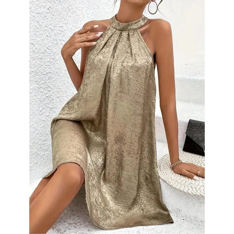 Champagne Color Women's Halter Neck Cold Shoulder Tie-Back Spaghetti Strap Sleeveless Summer Dress Fashion — image 6
