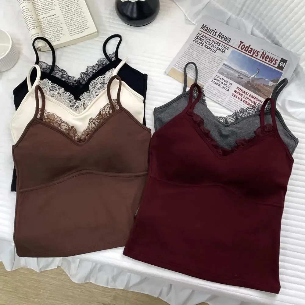 Autumn/Winter Fitted Lace-trimmed Camisole V-Neck Comfortable Slim Fit Camisole Top Soft with Padded Bra Women's Top