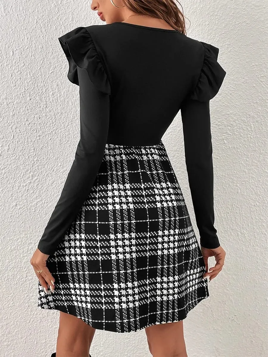 Women Fashion Plaid Patchwork Ruffle Shoulder Long Sleeve High Waist Slim Fit O-Neck Elegant Ladies Mini Dress for Summer&Autumn
