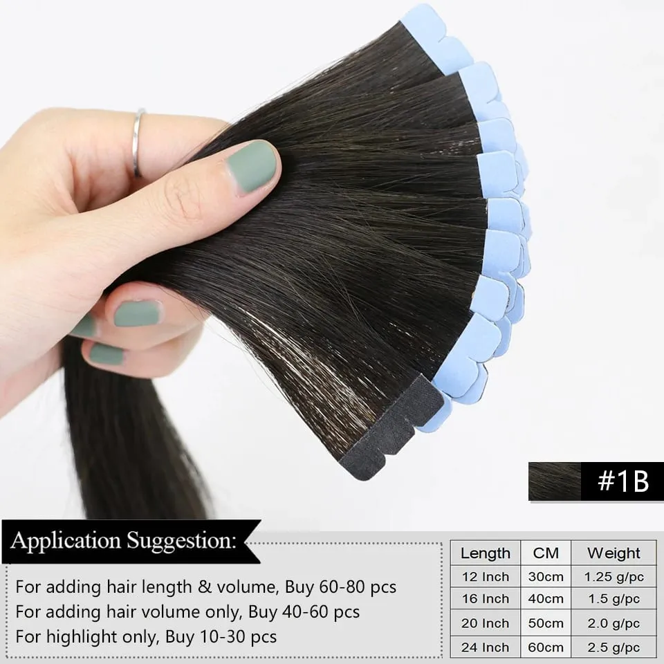 Mini Tape Hair Extensions 12-24 Inch Human Hair Extensions 3x0.8cm Invisible Tape 10pcs per Pack for Side Machine-Remy Hair