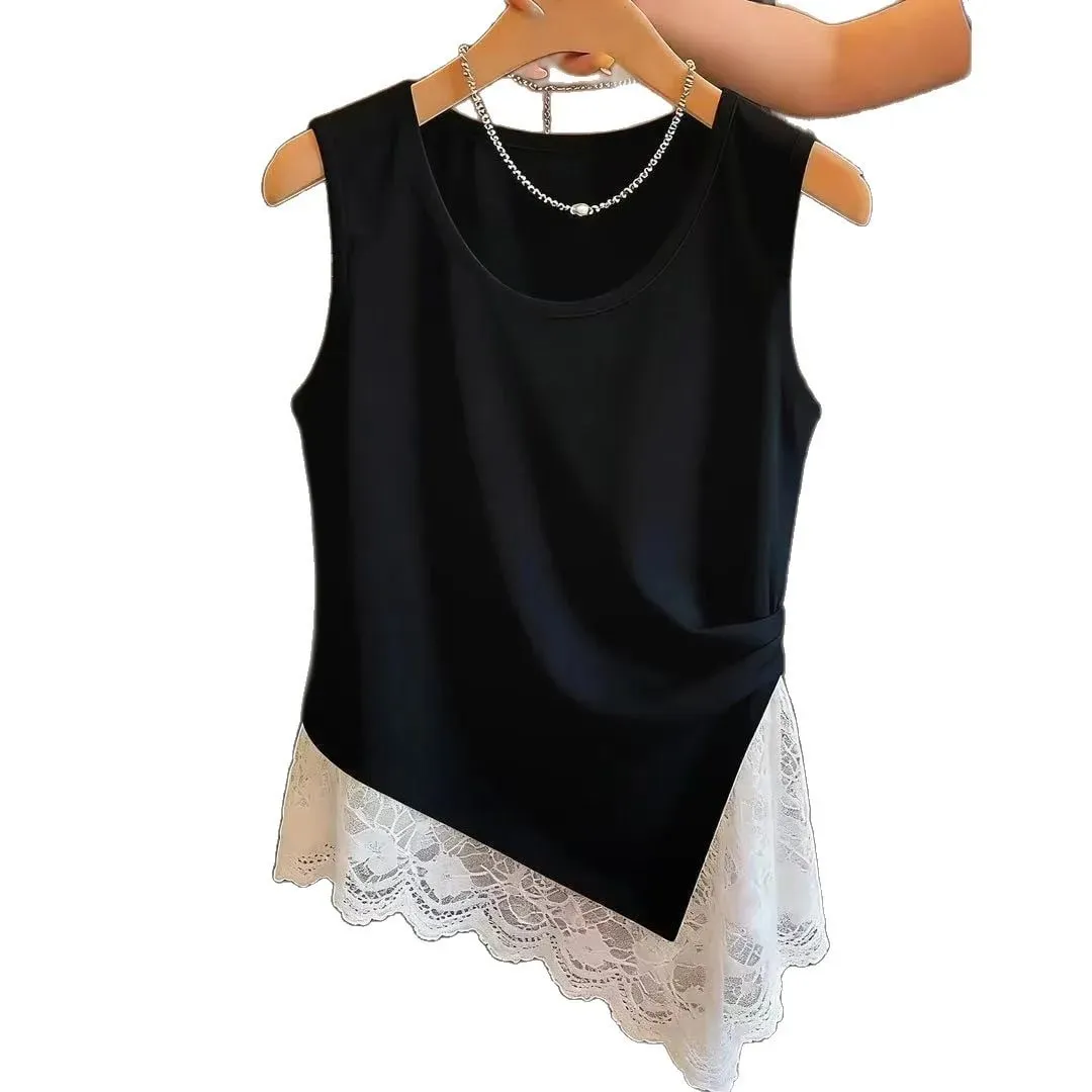 Spring and summer large-size women's clothing new commuter wind pleated design sense lace lace splicing irregular vest — image 5