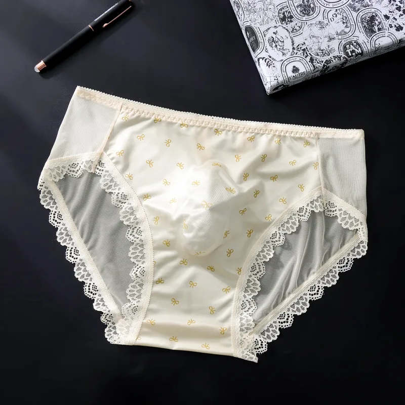 Sexy Lace Mens Briefs 3D Pouch Floral Edge High Elastic Sweet Heart Bow Print Mesh Splicing Underwear — image 23