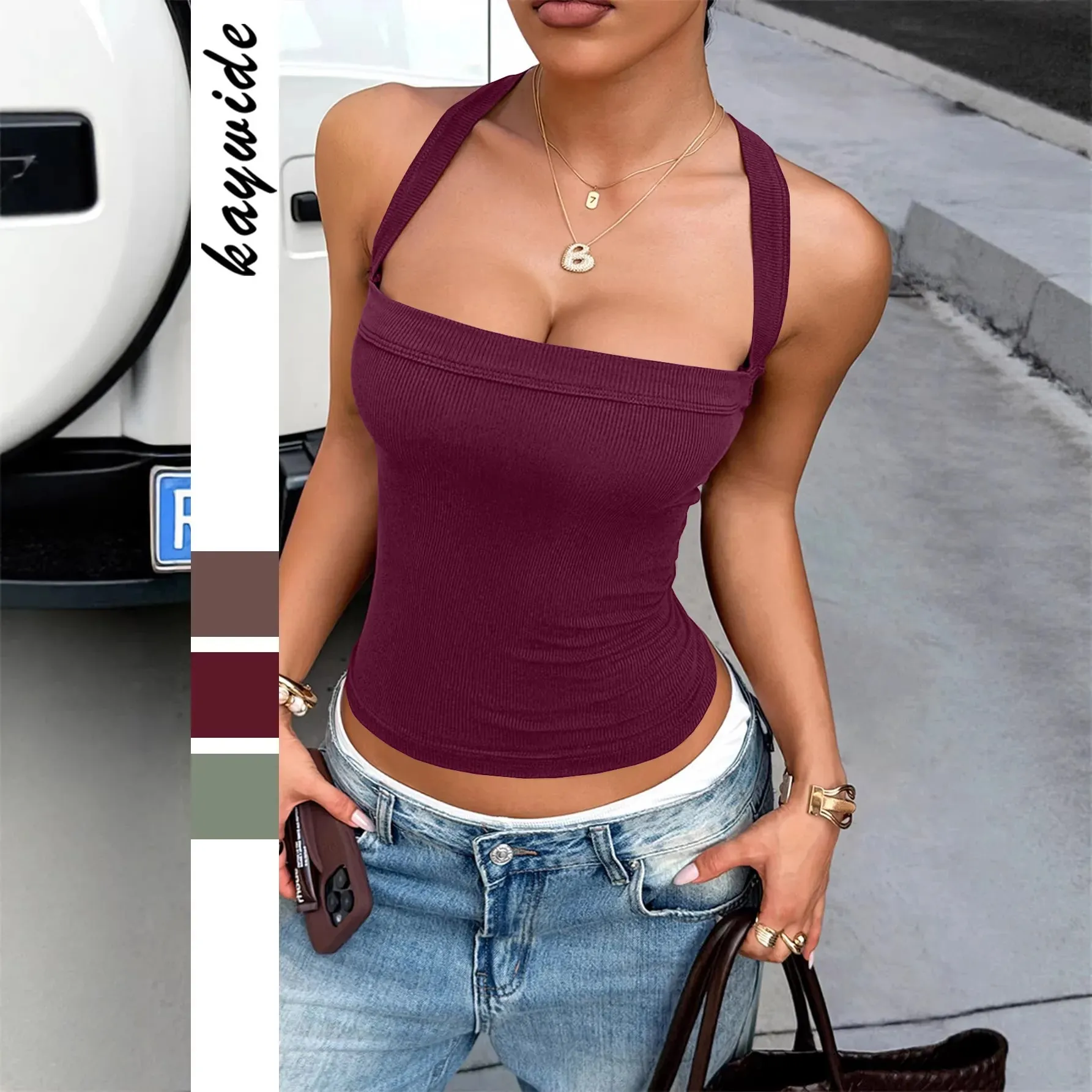Women Ribbed Knit Camis Top Square Neck Wide Strap Cross Shoulder Strap Slim Fit Crop Tank Top Y2K Streetwear Sporty Daily Vest — image 10