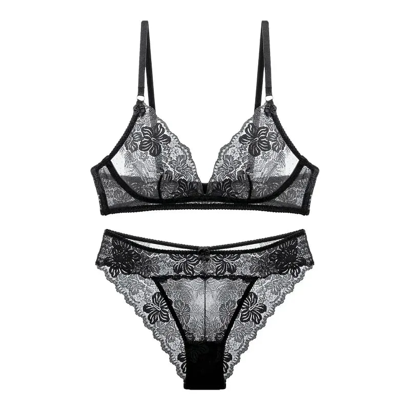 Conjunto de lingerie sexy de renda preta para mulheres conjunto confortável de sutiã e calcinha sem fio tamanho grande