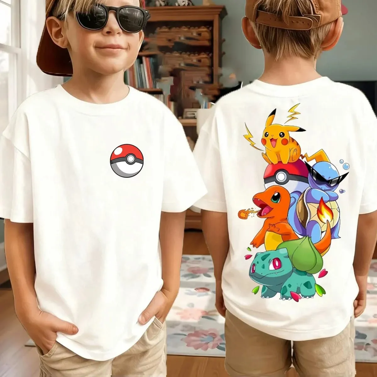 Summer Pokémon AnimeT-shirts Boys Pure Cotton Short-sleeved Top Casual Suitable for Both Boys and Girls Parent-child Outfits. — image 2