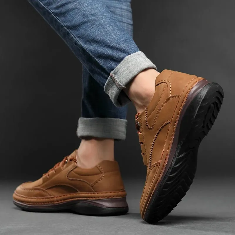 Men Handmade Stitching Cowhide Shoes Casual Lace Up Walking Footwear Comfort Non Slip Rubber Sole Breathable Outdoor Daily Shoes — image 6