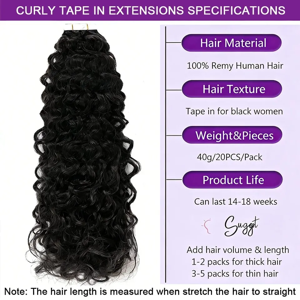 Tape in Hair Extensions Human Hair Deep Wave Brazilian 100% Curly Adhesive Tape in Extensions Human Hair Natural Black For Women — image 3