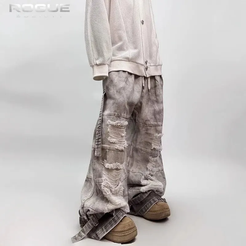 Y2K High Street Dyed Jeans Unisex Vintage Washed Distressed Wide Denim Pants Hip Hop Streetwear Grunge Punk Trousers Harajuku