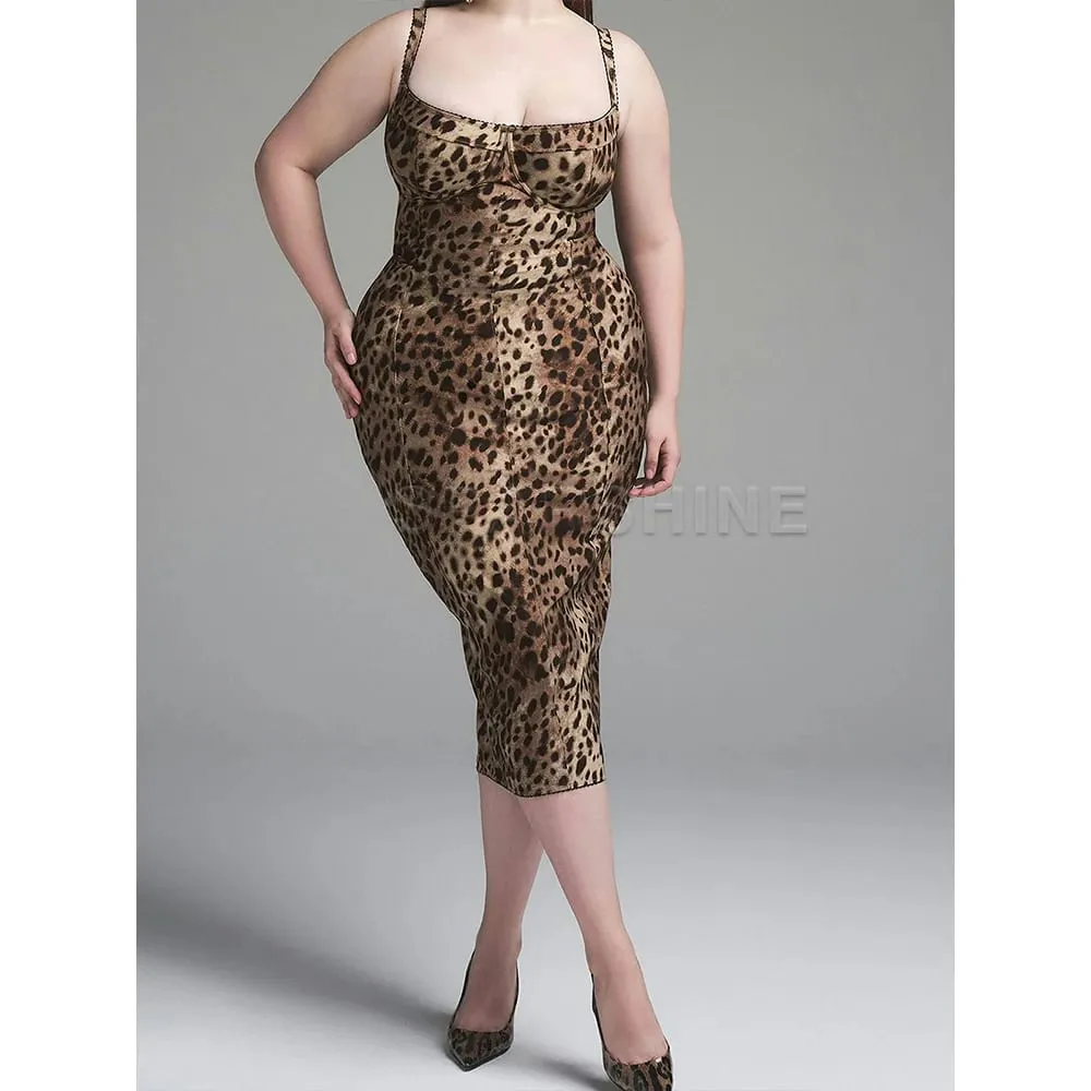 Sexy Leopard Print Dress Women's Sleeveless Fitted Stretch Bodycon Mid-Calf Dress Clubwear Evening Party Dresses — image 6