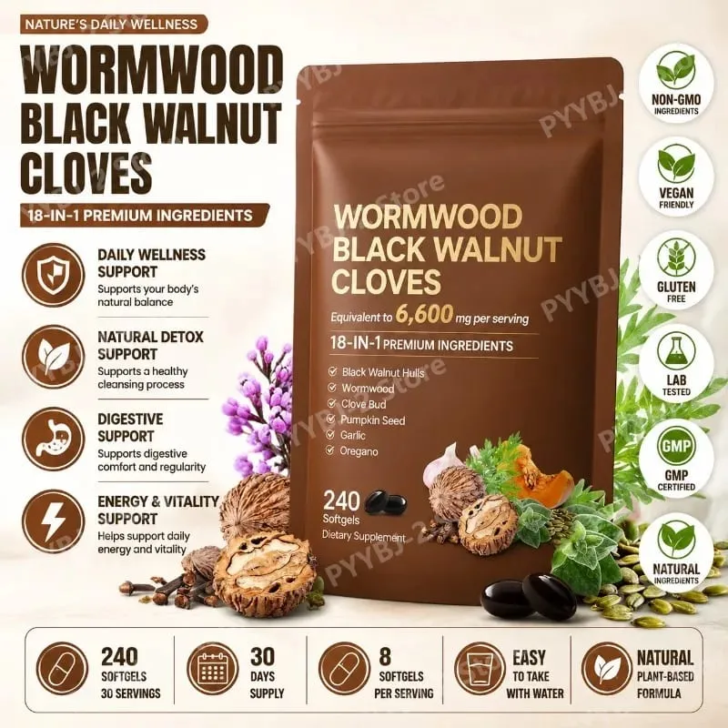 Wormwood Black Walnut Clove Capsules 6600mg Support Cleanse Detox and Intestinal Guard 18 in 1 Herbal Blend Extract 240 Count — image 1